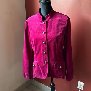 Burgundy Corduroy blazer with mandarin collar and metal buttons size 18